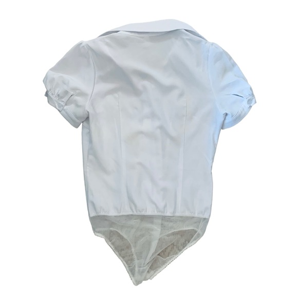 White XS bodysuit office fitted shirt short puff sleeve button down snap bottom - Picture 4 of 7